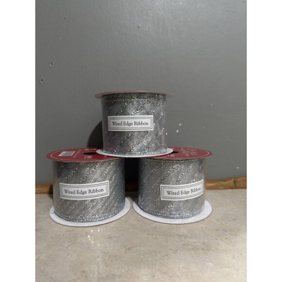 NEW 3 roll wired edge ribbon 2.5" x 30’ silver glitter Robert Stanley - Picture 4 of 5